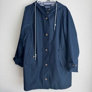 Lands ' End Women Blue Striped Lined Hoodie Rain Trench Coat Jacket Size 1X